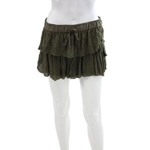 Flannel Womens Drawstring Tiered Ruffled Knit Short Green Linen Size 2